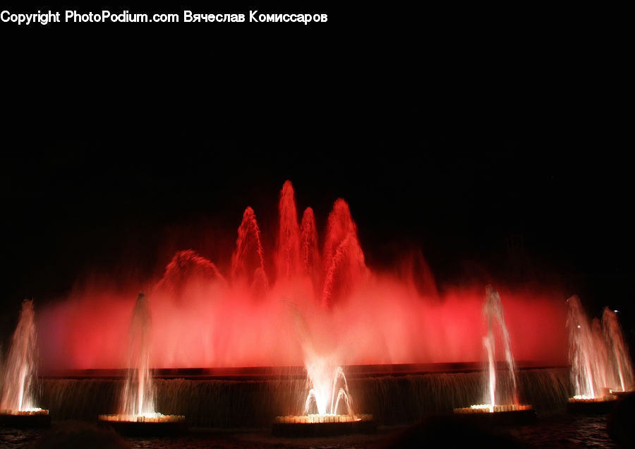 Fountain, Water, Dawn, Dusk, Red Sky, Sky, Sunrise