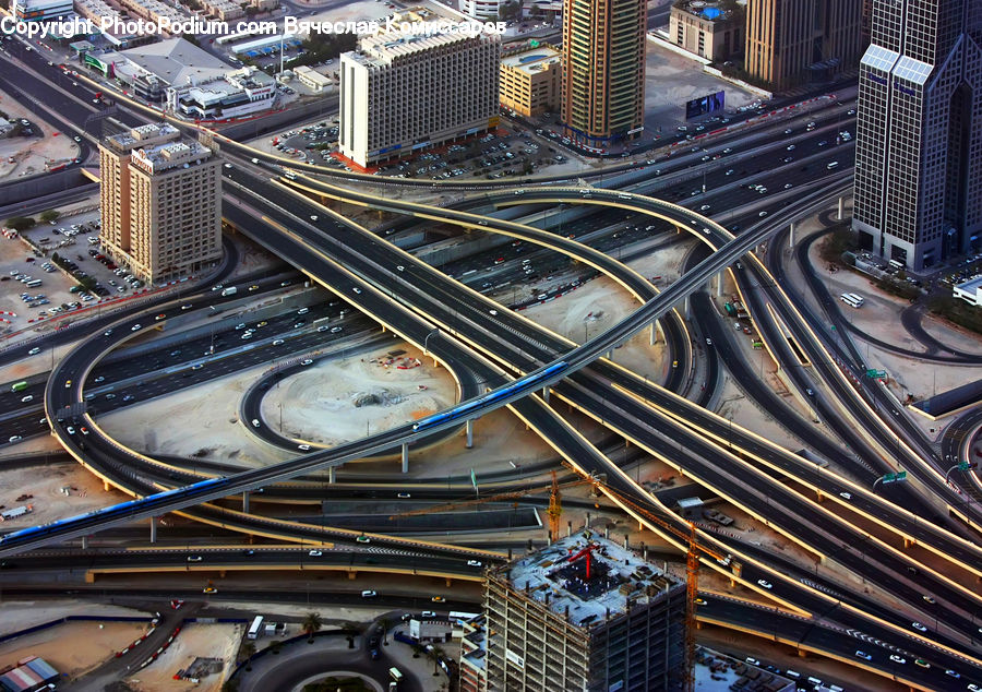 Freeway, Road, Intersection, City, Downtown, Aerial View, Urban