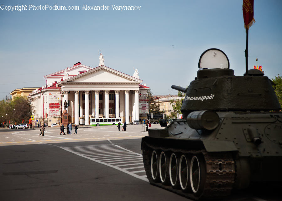 Army, Tank, Vehicle, Architecture, Downtown, Plaza, Town