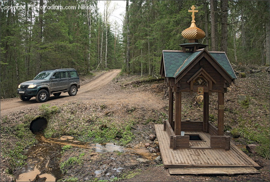 Car, Suv, Vehicle, Bird Feeder, Soil, Bench, Gazebo