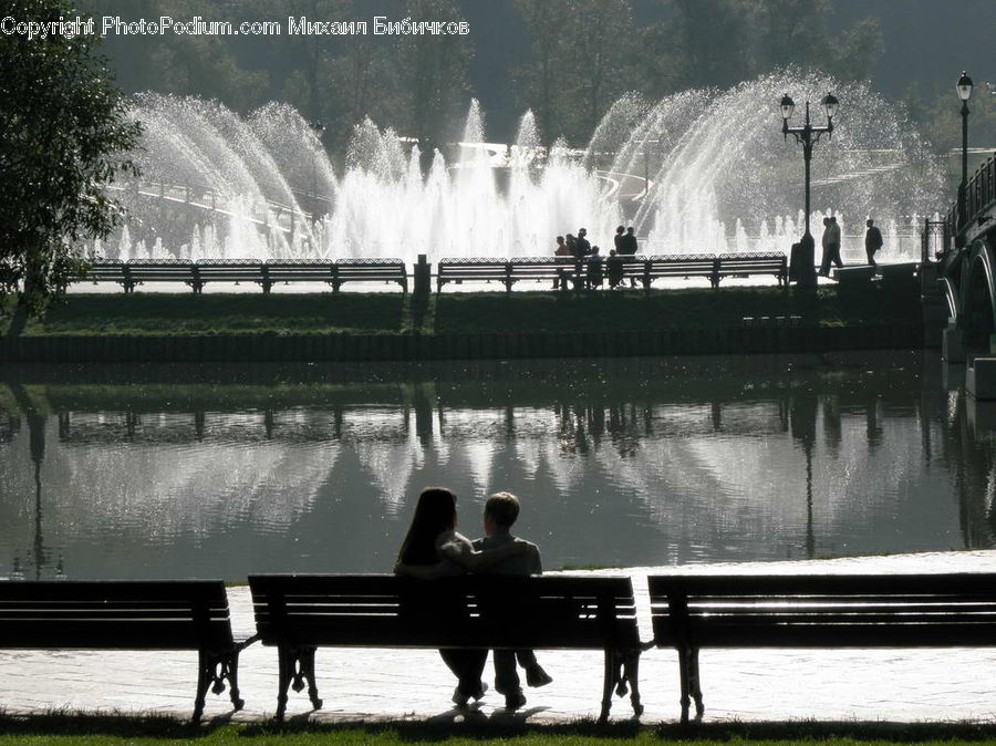 People, Person, Human, Fountain, Water, Bench, Dock