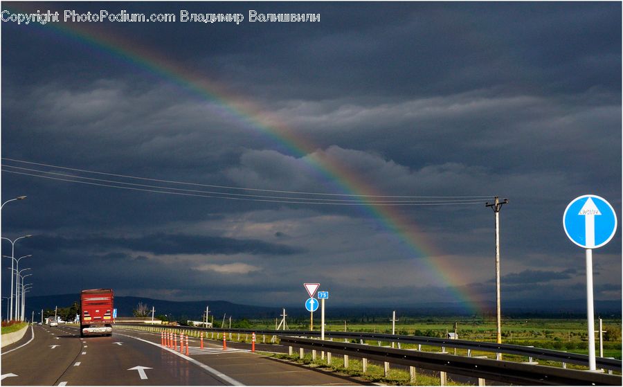 Outdoors, Rainbow, Sky, Road, Freeway, Highway, City