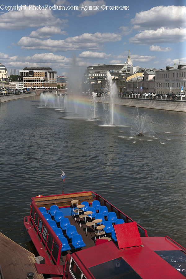 Chair, Furniture, Outdoors, Rainbow, Sky, Fountain, Water