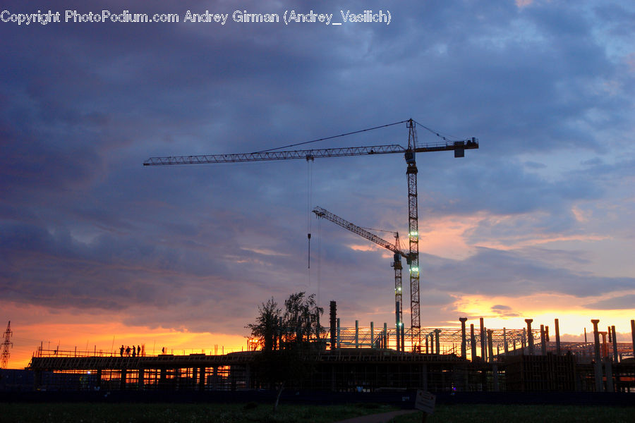 Factory, Refinery, Construction, Constriction Crane, Dusk, Outdoors, Sky