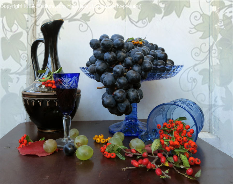 Glass, Goblet, Fruit, Grapes, Plant, Potted Plant, Beverage