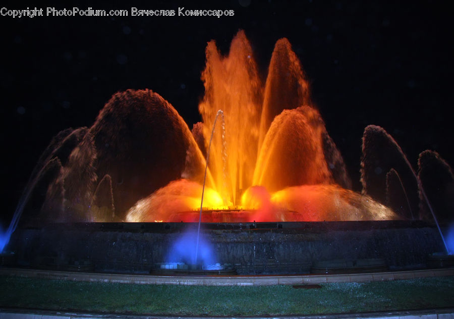 Fountain, Water, Fireworks, Night, Outdoors, Fire, Flame