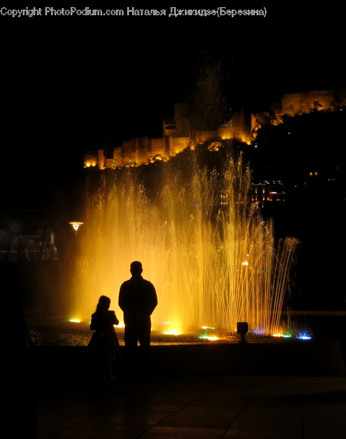 Fountain, Water, People, Person, Human, Silhouette, Stage