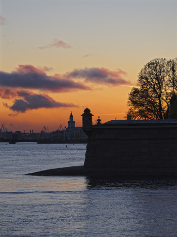 Port cranes, Palace bridge, Kunstkamera, Neva and Peter and Paul fortress. Center of old Saint Petersburg.