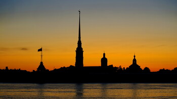 Historical view of the center of St. Petersburg at sunset.